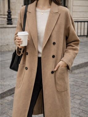 Zara Wool Blend Camel Coat Oversized Double Breasted Minimal Long Coat Women S